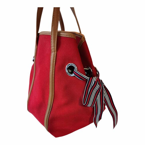 TALBOTS Red Canvas Abstract Scarf Print Design Top Handle Tote Bucket Bag EUC - Picture 5 of 15
